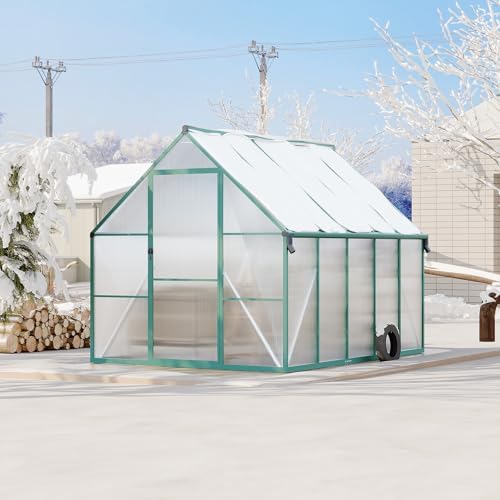 8'x10' aluminum-framed polycarbonate greenhouse, heavy duty polycarbonate greenhouse, front angle view
