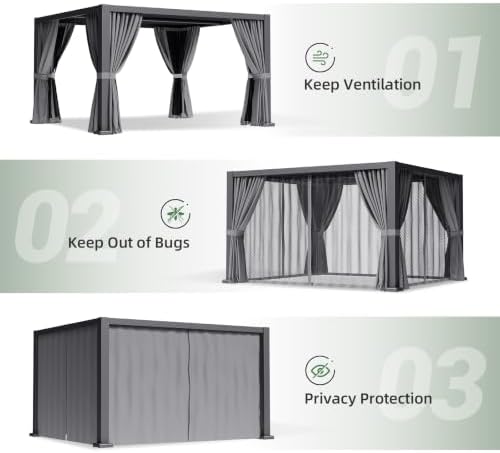 aoxun louvered pergola 12x14 all-aluminum, waterproof curtains and showing dimensions