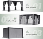 aoxun louvered pergola 12x14 all-aluminum, waterproof curtains and showing dimensions
