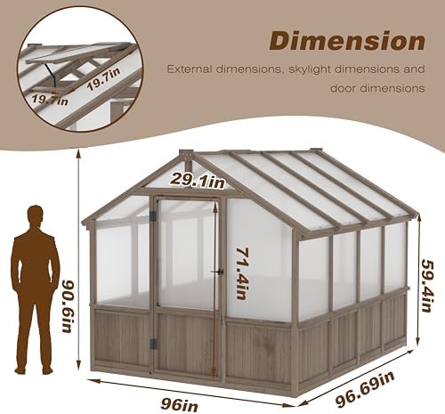 veikou 8’x8’ greenhouses for outdoors, walk-in wood greenhouse, front angle view