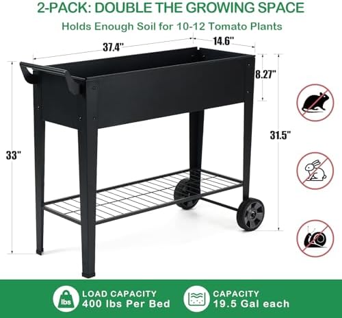 32" tall elevated raised garden bed with wheels showing dimensions