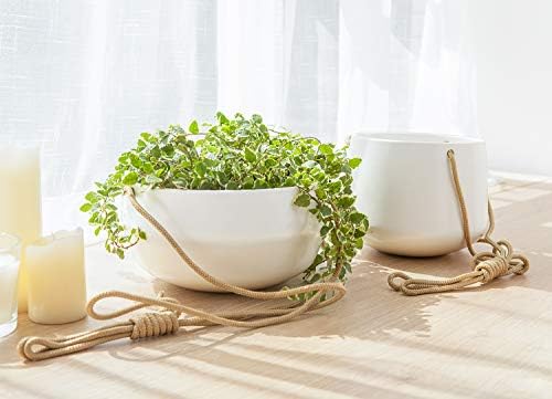 mkono ceramic hanging planter and ceiling hooks, shallow on a desk or shelf