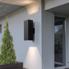 mirrea 18" Modern Outdoor Porch Light in 2 Lights, Matte Black, 2 Pack | Patio wall sconce, aluminum rectangular tube, tempered glass, waterproof. Up & down lighting for outdoor wall mount fixture.