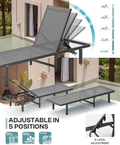 Lounge Chair Outdoor with Wheels, Aluminum Chaise Lounge Outdoor Chair with 5 Adjustable Backrest - Easy to Move- Pool Lounge Chairs for Patio, Poolside (Darkgray)