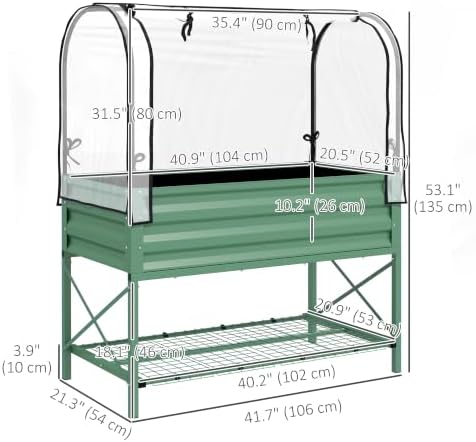 outsunny raised garden bed with cover and storage on a desk or shelf