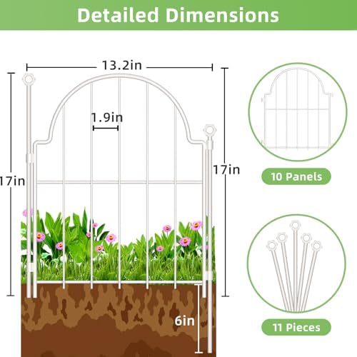 white decorative garden fence, 17in(h) x 32ft(l), with, close-up detail