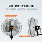 vevor 20 inch wall mount fan, oscillating, 3-speed, side view