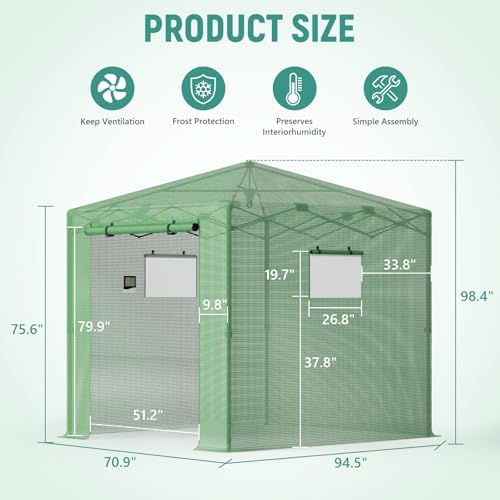8x6 ft walk‑in green house for outdoors, pop‑up shown in use