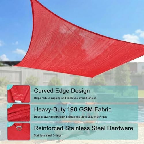 rectangle 8' x 10' red sun shade sail showing dimensions