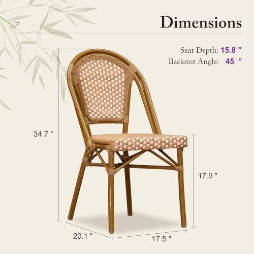 PURPLE LEAF Outdoor Dining Chair Set of 4 Bamboo Finish Amber White | Bamboo Finish Parisian Charm, Coated Aluminum Less Upkeep, Two-Tone Weave Easy Match, French Wicker Timeless Style, Armless