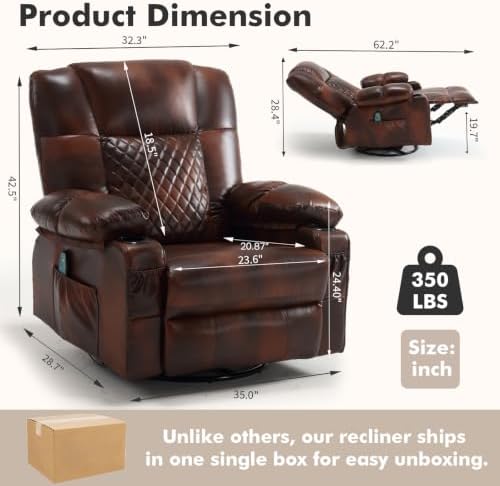Oversized Swivel Rocking Recliner with Heat Massage Nursery Rocker | Overstuffed, Cup Holders, Nursery Glider, Rocking Reclining Lounge Chair, Swivel Heated Massaging Recliner, Faux Leather