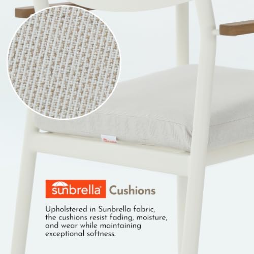Modern Shade Luxury Outdoor Dining Chairs Set of 2, Fade Resistant, All-Aluminum Outdoor Chairs with FSC Teak Wood Armrests, Weather-Resistant Patio Chair with Quick Dry Cushion, White