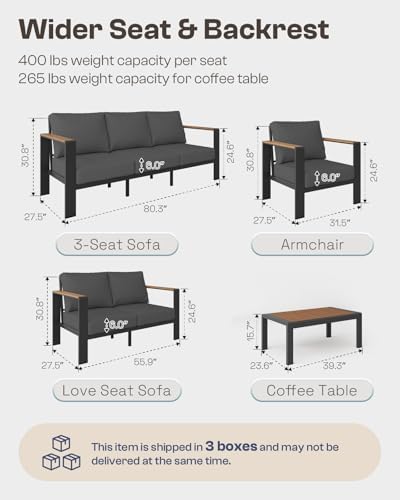 aluminum outdoor patio furniture set with coffee table, front angle view