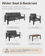 aluminum outdoor patio furniture set with coffee table, front angle view