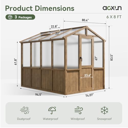 aoxun 6x8 ft wooden greenhouse for outdoors, 6mm, front angle view