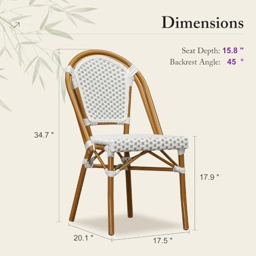 PURPLE LEAF Outdoor Dining Chair Set of 4 Bamboo Finish White Gray | Bamboo Finish Parisian Charm, Coated Aluminum Less Upkeep, Two-Tone Weave Easy Match, French Wicker Timeless Style, Armless