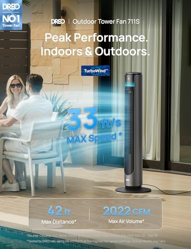dreo smart tower fan for indoor & outdoor shown in use