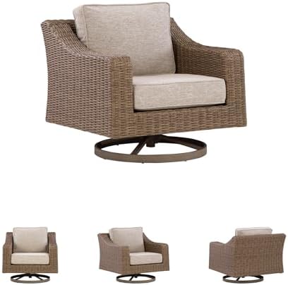 Signature Design by Ashley Outdoor Swivel Lounge Chair with Cushion, Beige | All-weather resin wicker, Powder-coated aluminum frame, Nuvella fabric, Boxed edge cushion, Carmel Bay