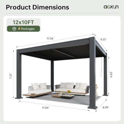 aoxun louvered pergola 10x12, outdoor metal pergola with on a desk or shelf