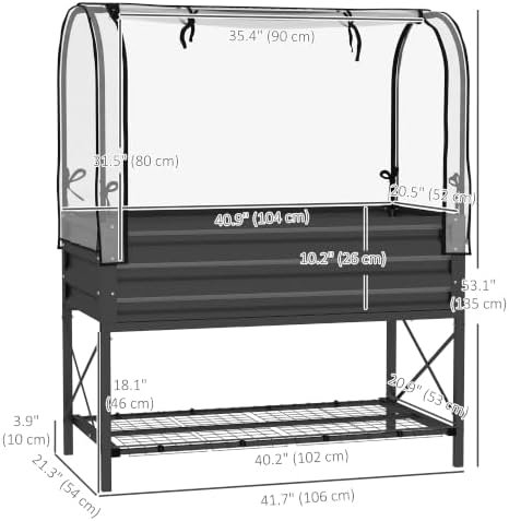 outsunny raised garden bed with cover and storage on a desk or shelf