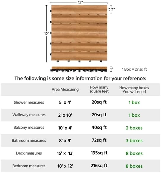 yaheetech 27pcs interlocking deck tiles outdoor patio floor showing dimensions