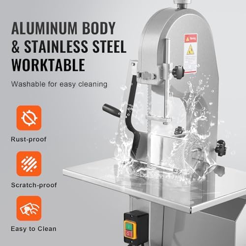 vevor commercial electric meat bandsaw, 1800w stainless steel showing dimensions