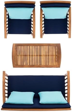safavieh outdoor collection rocklin natural/ navy cushions/ light, front angle view