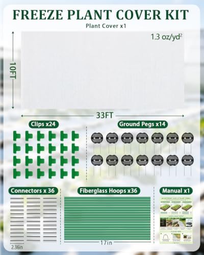 winter plant covers freeze protection kit, 10x33ft frost shown in use