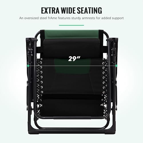JEAREY Oversized Padded Zero Gravity Chairs, Folding Lounge Chair Outdoor Patio Recliner, Anti Gravity Chair for Backyard with Headrest, Cup Holder, Side Tray, Polyester Mesh - Black/Dark Green
