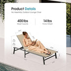 Foldable Outdoor Lounge Chair, No Assembly Patio Chaise Lounge Outdoor with 5-Positions, Aluminum Pool Lounge Chair with Portable Design for Pool, Beach, Deck, Backyard, Khaki