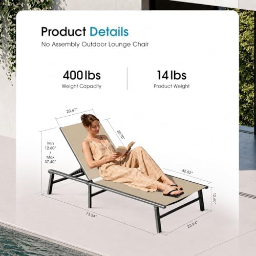 Foldable Outdoor Lounge Chair, No Assembly Patio Chaise Lounge Outdoor with 5-Positions, Aluminum Pool Lounge Chair with Portable Design for Pool, Beach, Deck, Backyard, Khaki