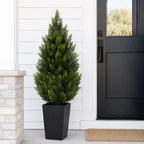 4ft artificial topiary trees with black planter, tall shown in use