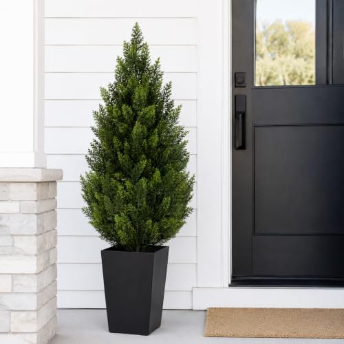4ft artificial topiary trees with black planter, tall shown in use