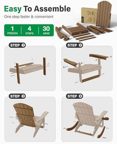 YEFU Adirondack Rocking Chairs, Adirondack Chair with Footrest, Teak | 5- Level Adjustable Backrest, Retractable Ottoman & Cup Holder, Like Real Wood, for Outdoor/Patio/Porch, Heavy Duty, 400 lbs