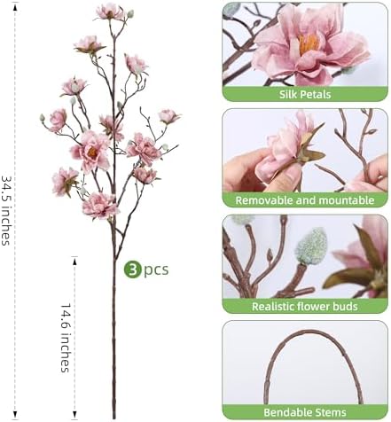 hyeflora 3pcs artificial magnolia flowers stems for spring, close-up detail