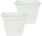 The HC Companies 10 Inch Eclipse Square Planter Pots with Drainage Holes & Attached Saucer, Lightweight UV-Resistant Plastic Indoor Outdoor Planters, 2-Pack Flower Pots for Garden & Home Decor, White