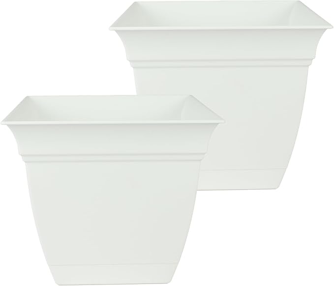 The HC Companies 12 Inch Eclipse Square Planter Pots with Drainage Holes & Attached Saucer, Lightweight UV-Resistant Plastic Indoor Outdoor Planters, 2-Pack Flower Pots for Garden & Home Decor, White