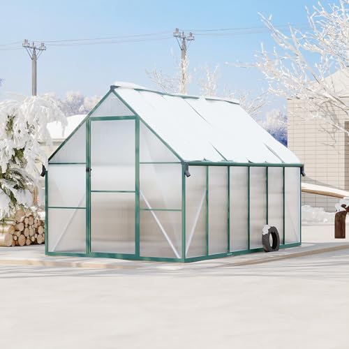 8'x12' aluminum-framed polycarbonate greenhouse, heavy duty green house, front angle view