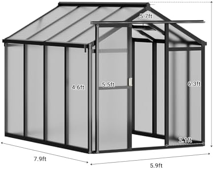 6x8 ft greenhouse, outdoor sliding door, polycarbonate greenhouse, close-up detail