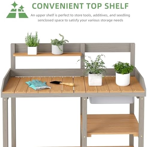 outdoor potting bench with sink, wood garden workstation on a desk or shelf