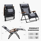 PURPLE LEAF Outdoor Reclining Chair Extra Wide Quilted Cushion, Black Grey | Adjustable pillow, Water-resistant oxford fabric, Reclining backrest, Woodgrain design, Aluminum grips, Light pearl anti-sag