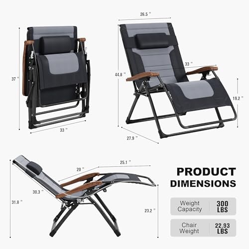 PURPLE LEAF Outdoor Reclining Chair Extra Wide Quilted Cushion, Black Grey | Adjustable pillow, Water-resistant oxford fabric, Reclining backrest, Woodgrain design, Aluminum grips, Light pearl anti-sag