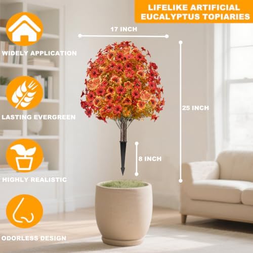 fall artificial mums topiary ball tree with ground, close-up detail