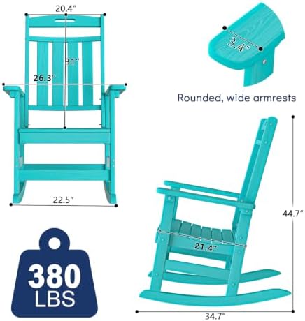 Oversized HDPE Outdoor Rocking Chair Set of 4, All-Weather, Aruba | Heavy Duty Patio Rockers with High Back, Extra Large & Extra Wide, Supports up to 380lbs, Perfect for Porch, Lawn, Garden