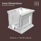 mayne fairview 60in self-watering rectangular window box planter showing dimensions