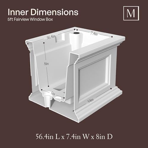mayne fairview 60in self-watering rectangular window box planter showing dimensions