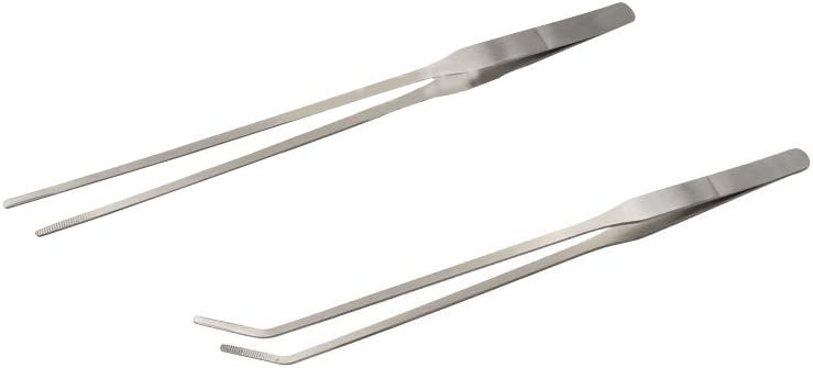 LGEGE 2pcs Long Handle Stainless Steel Straight and Curved Tweezers Nippers for Garden, Kitchen, Indoors and Outdoors