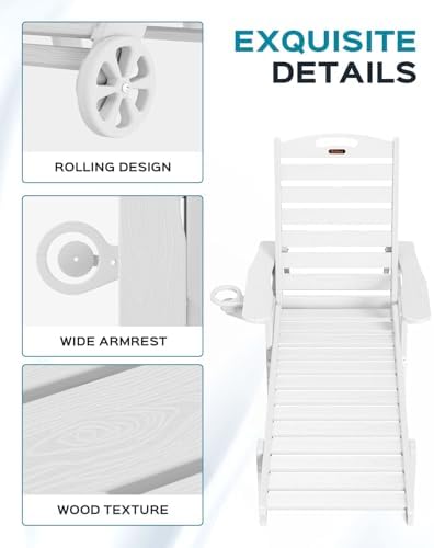 Lounge Chair Outdoor Set of 4, Oversized Chaise Lounge Chair with 5 Positions, HDPE, Patio Lounge Chairs with Wheels & Cup Holder for Lawn, Pool, Deck, Poolside, White