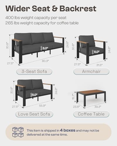 aluminum outdoor patio furniture set with coffee table, front angle view