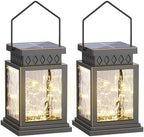 2 Pack Farmhouse Solar Lanterns , Water Ripple Glass & Copper Wire Flickering Light,Outdoor Waterproof Upgraded Solar and 2 AA Batteries Powered, for Outside Porch, Patio and Indoor Tables.